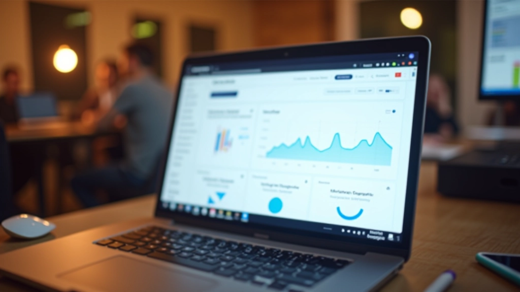 Analytics dashboard op laptop scherm met metrics en growth charts zichtbaar, startup metrics