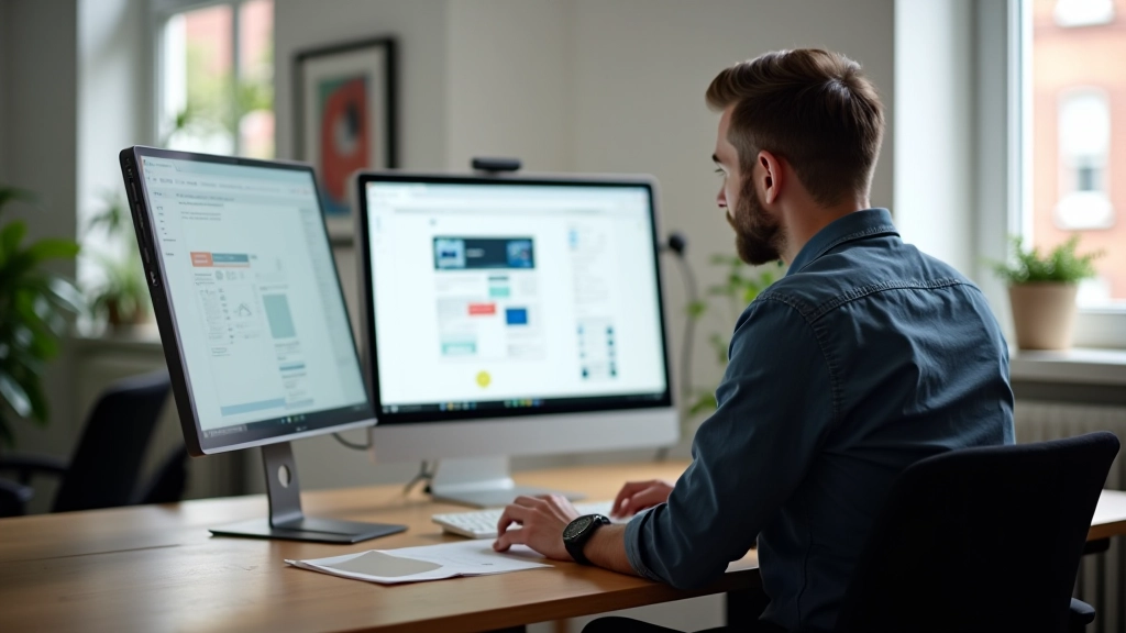 Startup ontwerper werkend aan website mockups met wireframes en design system components op groot scherm