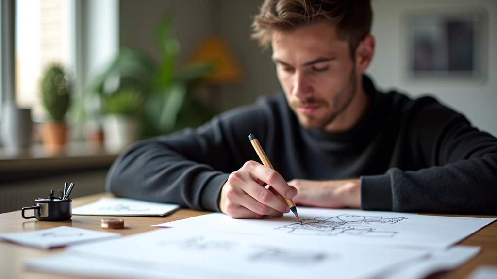 Schetsen met potlood op papier met meerdere layout varianten zichtbaar op een grote tafel