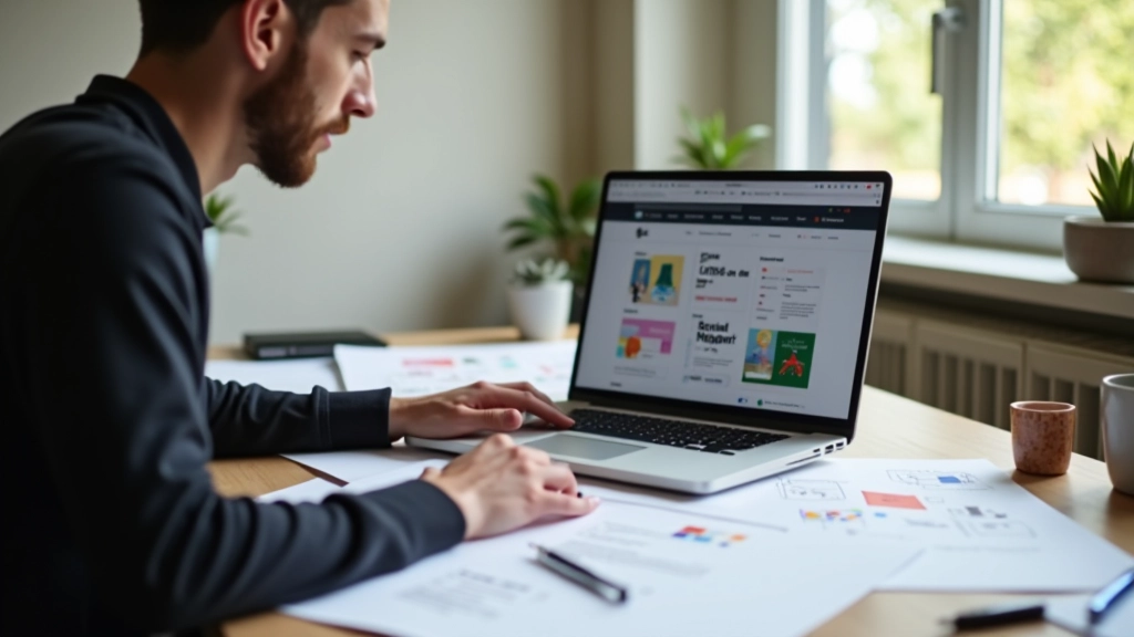 Designer werkt aan laptop met Figma open, designsketches zichtbaar op bureau
