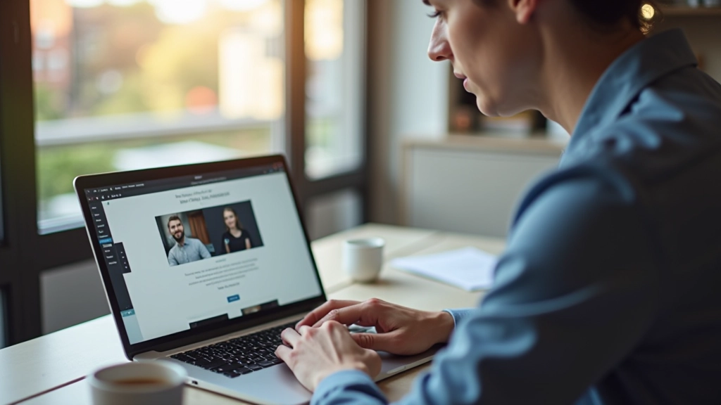 Designer aan laptop met website mockup op scherm en schetsboeken op bureau