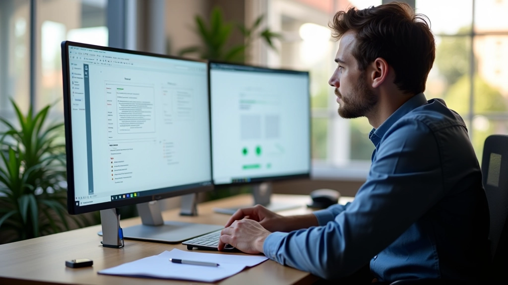Designer werkend aan wireframe op groot monitor, pen en notitieboek op bureau, moderne kantoor met natuurlijk licht