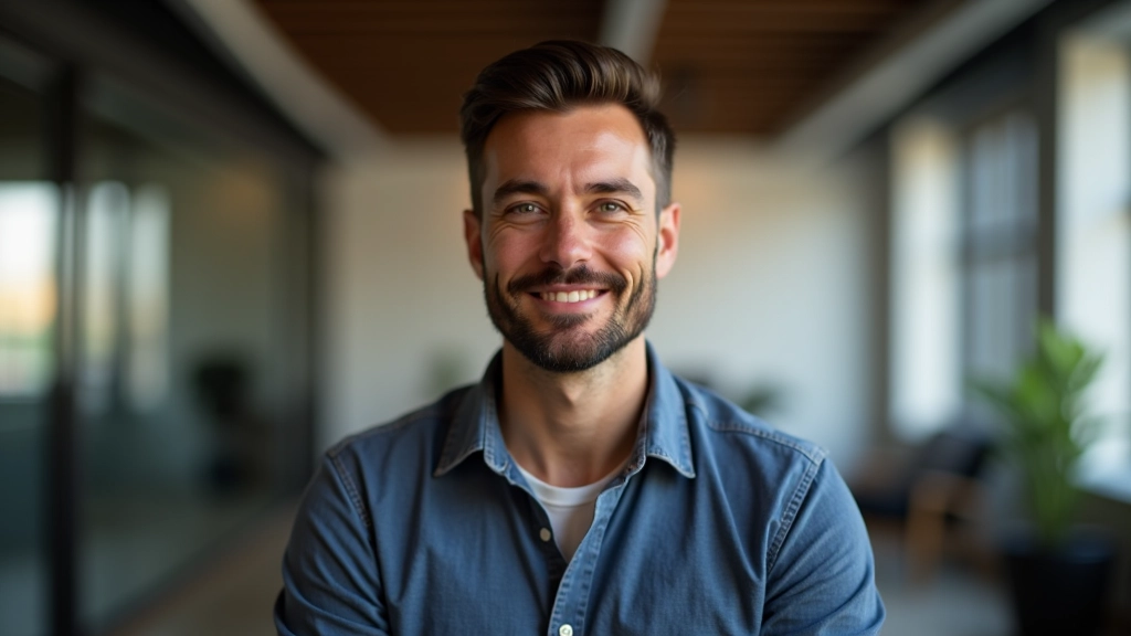 Startup founder en design lead, portretfoto van borst omhoog, zelfverzekerde houding, kantoor achtergrond