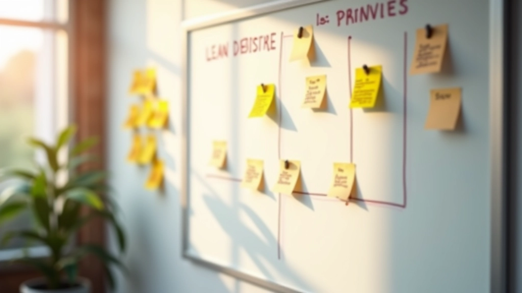 Lean design canvas met post-its en prioriteitsmatrix op whiteboard, Amsterdam startup