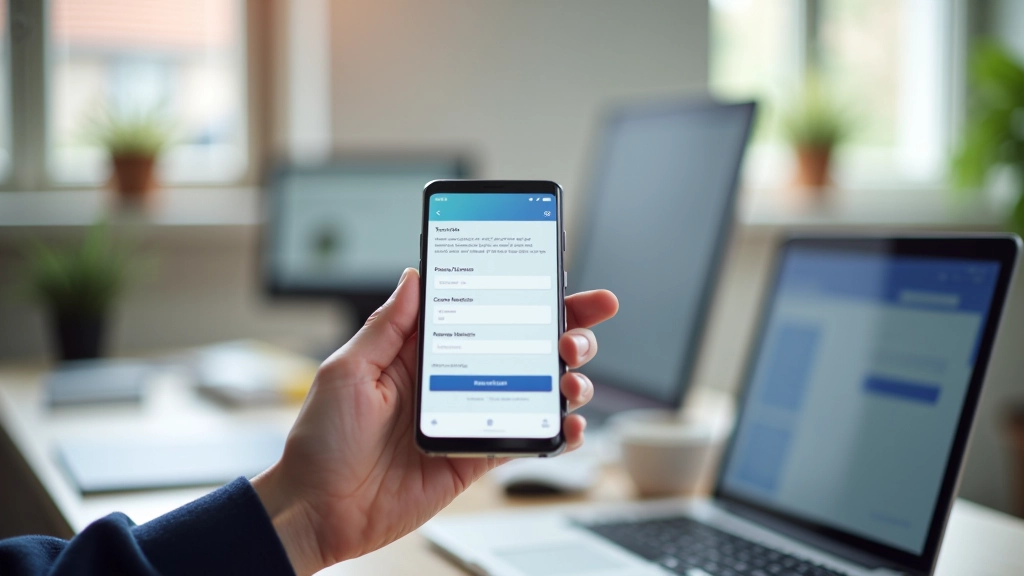 Mobile phone mockup met website responsive design zichtbaar, hand holding phone in office