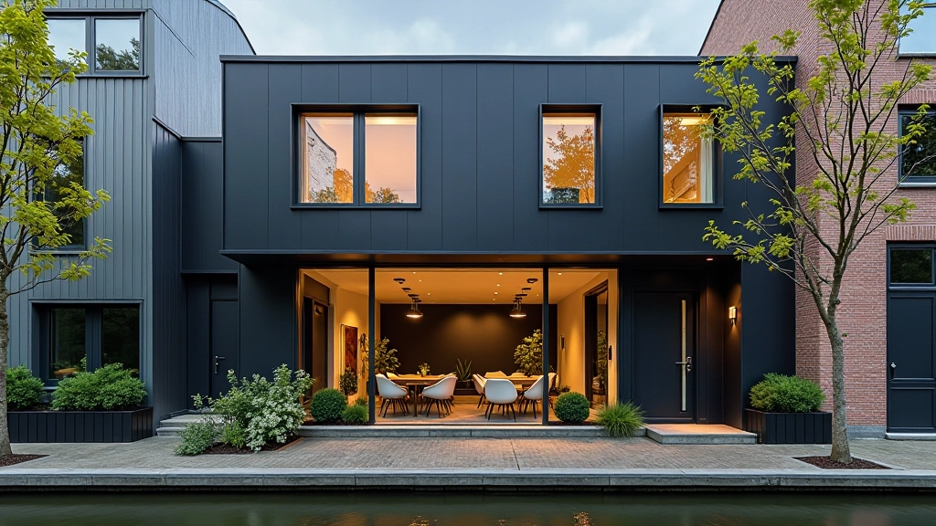 Amsterdam grachtenpand met modern gevelontwerp en startup kantoor binnenkant zichtbaar door ramen