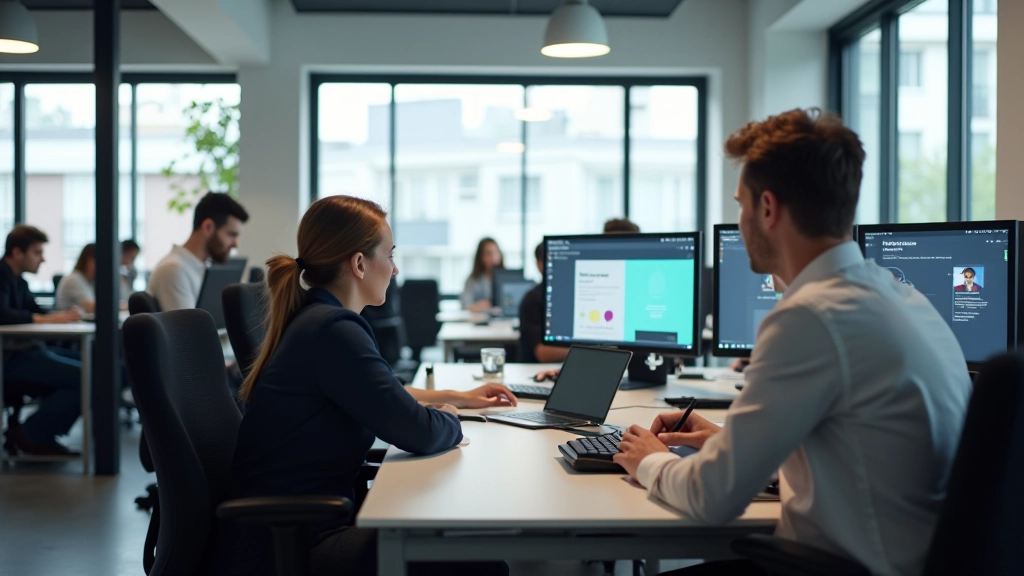 Modern startup kantoor met designers aan werkstation, grote schermen met website mockups, Amsterdam studio omgeving