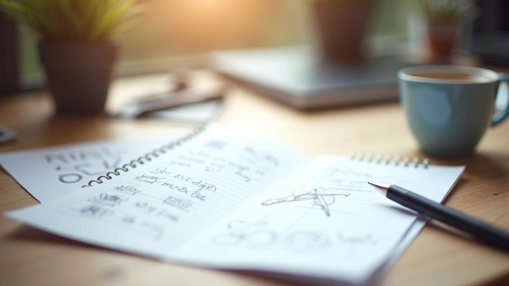 Notitieblok met handgeschreven notities en geschetste wireframes op houten bureau, koffiekop ernaast, daglicht van raam