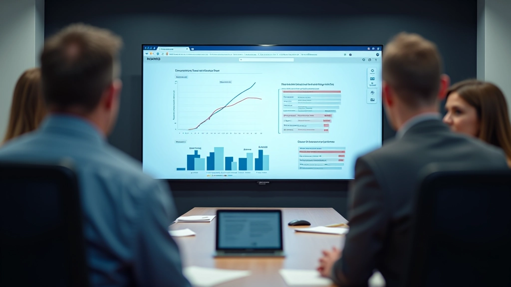 Pitch deck presentation op monitor met grafieken en investeerder nota's, boardroom setting