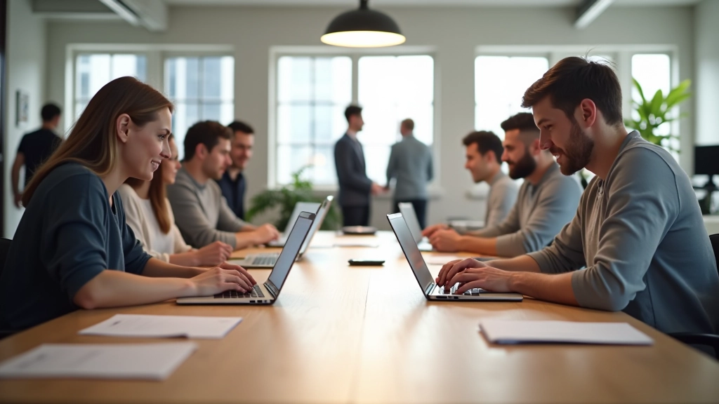 Team vergadering met laptops en mockups op grote tafel, startup kantoor