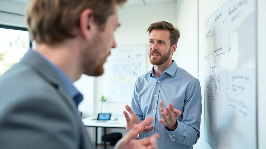 Twee startup founders in overleg bij whiteboard met sketches en notities