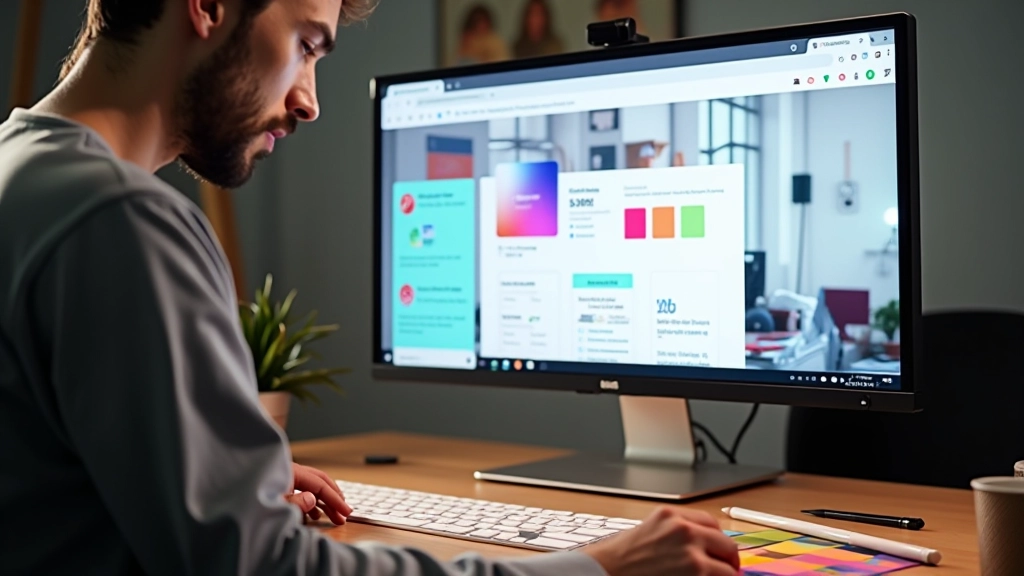 Website design op grote monitor met design tools en kleurenpalet zichtbaar