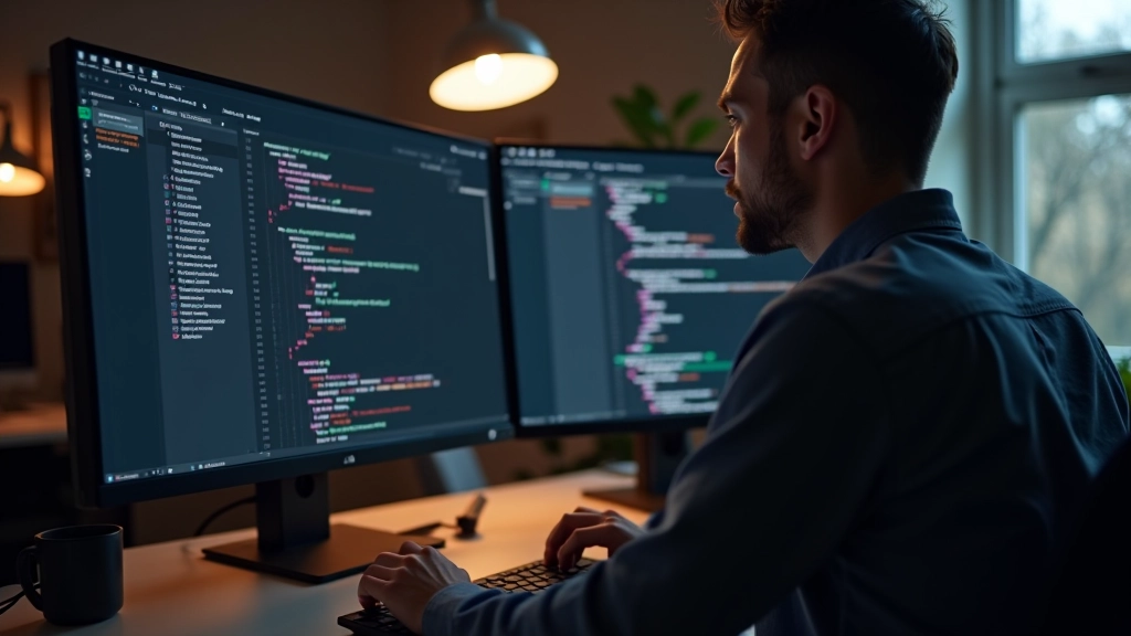 Website design op grote desktop monitor met code editor naast elkaar, full-stack development workspace