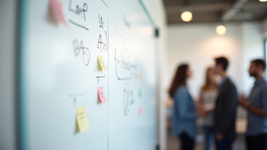 Whiteboard vol schetsjes en plaknotities in startup kantoor met team collaborating in achtergrond