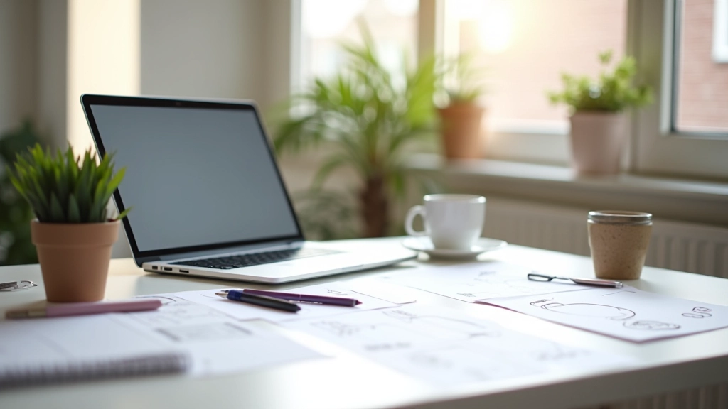 Designer aan het werk op laptop met notities en reference images op bureau, iteratief ontwerp proces zichtbaar